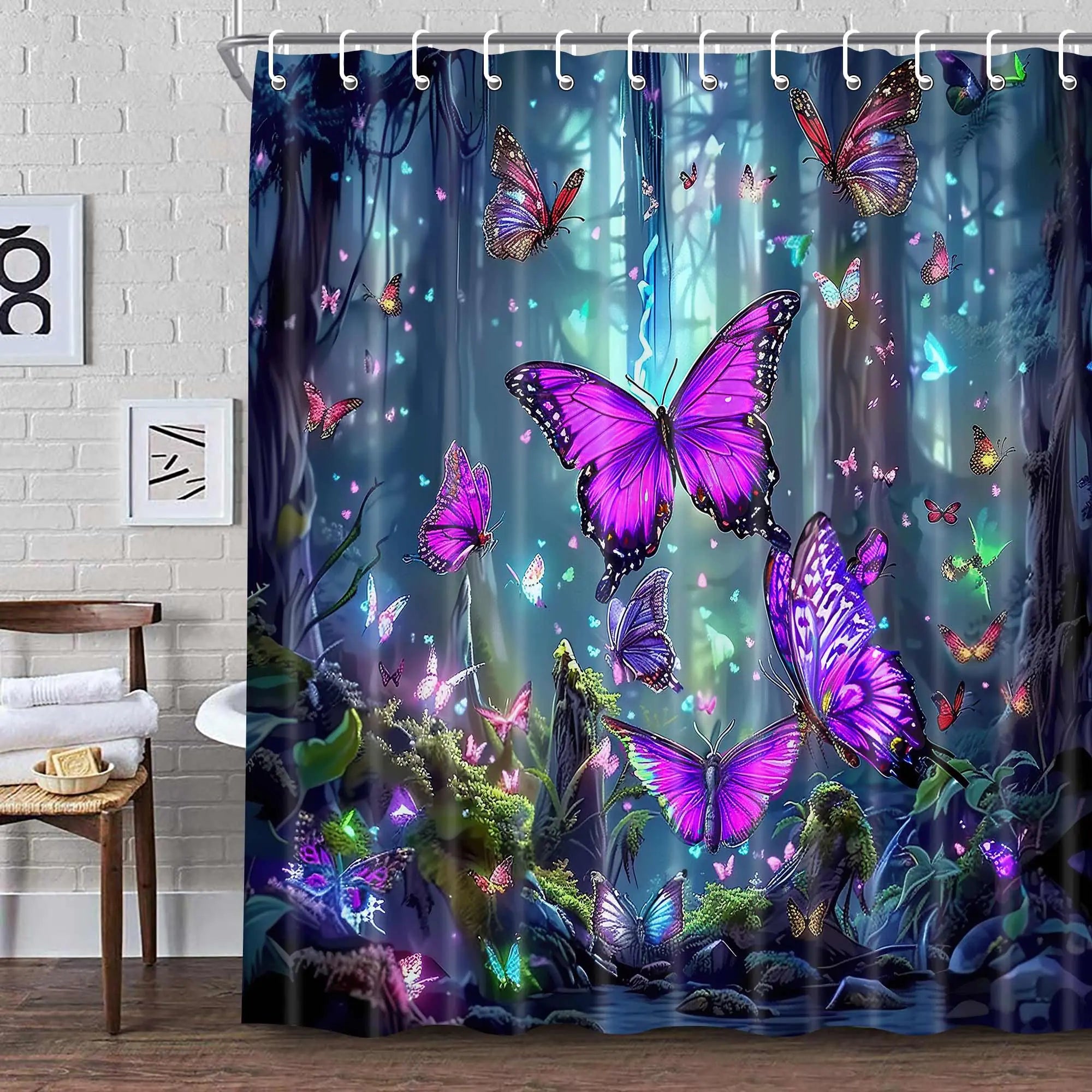 Fantasy Forest Shower Curtain，Magic Fairy Tale Gemstone Blue Forest Butterfly Shower Curtain for Bathroom Modern Fabric Cloth Waterproof Bath Curtain with Hooks