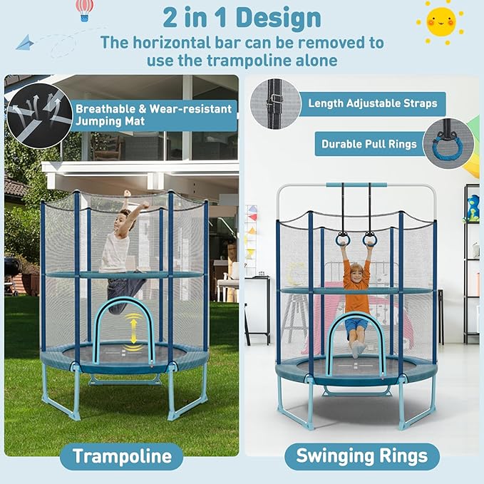 GYMAX 5FT Trampoline for Kids, ASTM Approved with Safety Net & Kitten Trapeze Rings, Indoor/Outdoor