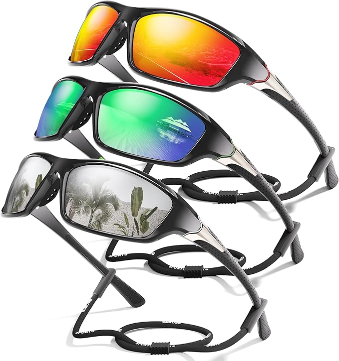 3 Pack Polarized Sports Sunglasses for Men, Mens Sunglasses Wrap Around UV400 Protection for Cycling Fishing Driving