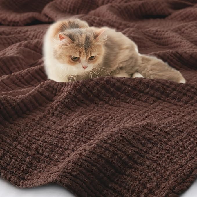 Carriediosa 100% Cotton Muslin Throw Blanket 66" X 90" Twin XL Size，4-Layers Summer Gauze Throws for Bed Couch，Soft Lightweight Breathable Linen Blankets Bedspread for Adults All Season，Dark Brown