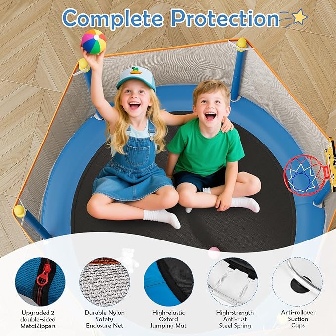 Kids Indoor Outdoor Trampoline with Safety Net and Gymnastics Bar