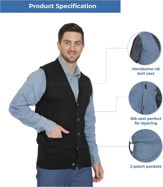 Men's Button Front Rib Knit Sweater Vest with Pockets