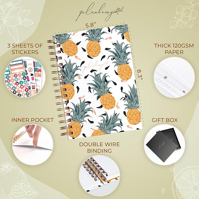 PLANBERRY Food Journal Premium – Nutrition Planner – Diet & Calorie Tracker – Meal & Exercise Diary – Weight Loss Journal (Pineapple)