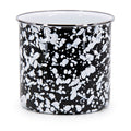 Black Swirl enamelware utensil holder with stainless steel trim on a kitchen countertop.