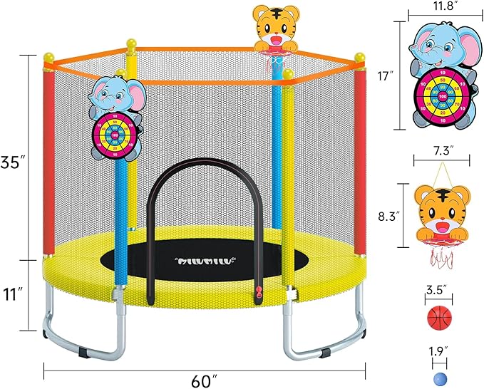 60-Inch Kids Mini Trampoline with Safety Net and Basketball Hoop