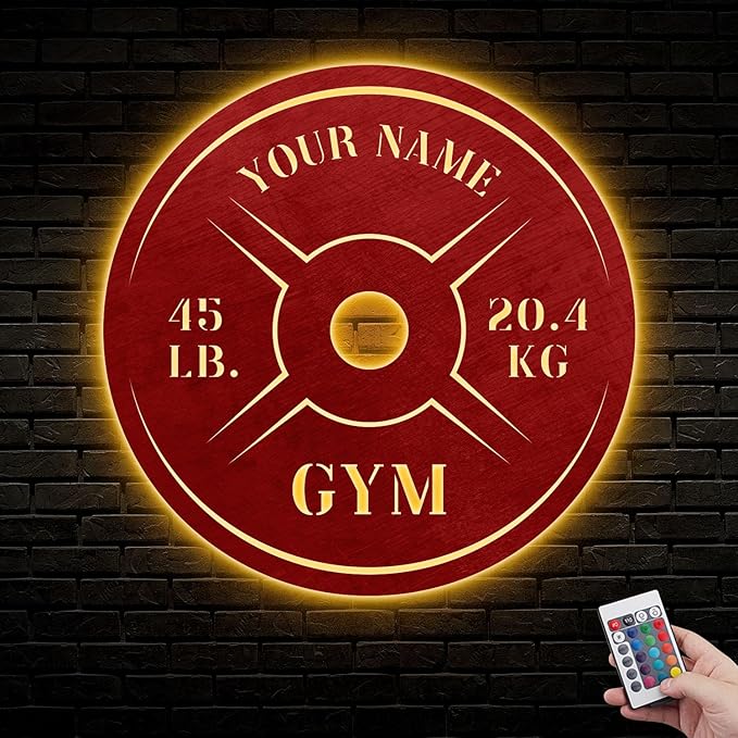 Personalized Home Gym LED Tin Metal Sign Multiple Sizes, Weight Lifting Exercise Workout Room Training Fitness Center Motivational Inspirational Quotes Decor Wall Art Hanging Accessories (09 LED)