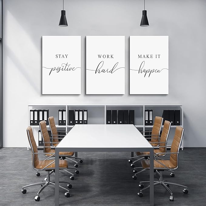Framed Canvas Wall Art Work Quote, Office Wall Art Decor, Stay positive work hard make it happen, gift for father, boss gift, Inspirational Prints, Motivaional Wall Art (G-3pcs,16x24inchx3pcs)