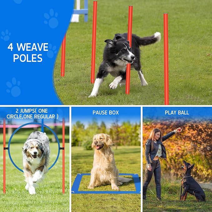 Polar Aurora Dog Agility Equipment, Dog Obstacle Courses Backyard - Pet Outdoor Games w/Adjustable High Jump, Agility Weave Poles, Tunnel, Jumping Ring, Pause Box, 2 Balls,Whistle and Carrying Bag