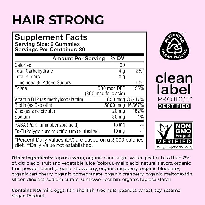 HUM Hair Strong - Daily Gummies with Biotin to Improve Hair Growth - Fo Ti, Folic Acid, Zinc, Vitamin B12 & PABA to Support Healthy Hair, Skin and Nails for Women and Men (60-Count)