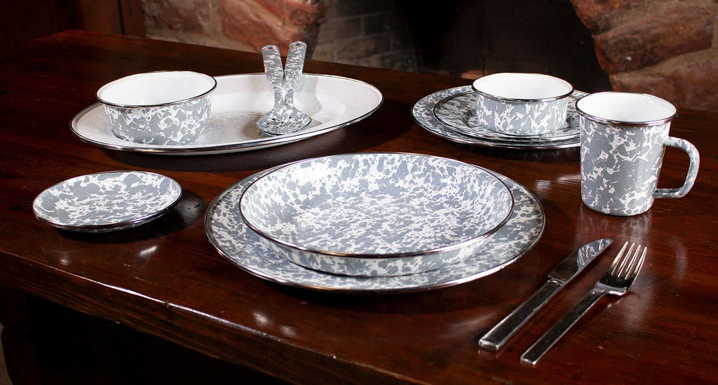 12-Inch Grey Swirl Enamelware Serving and Slotted Spoon Set
