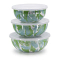 Set of 3 Golden Rabbit enamelware mixing bowls in marbleized lime green, teal, and white on a kitchen counter.