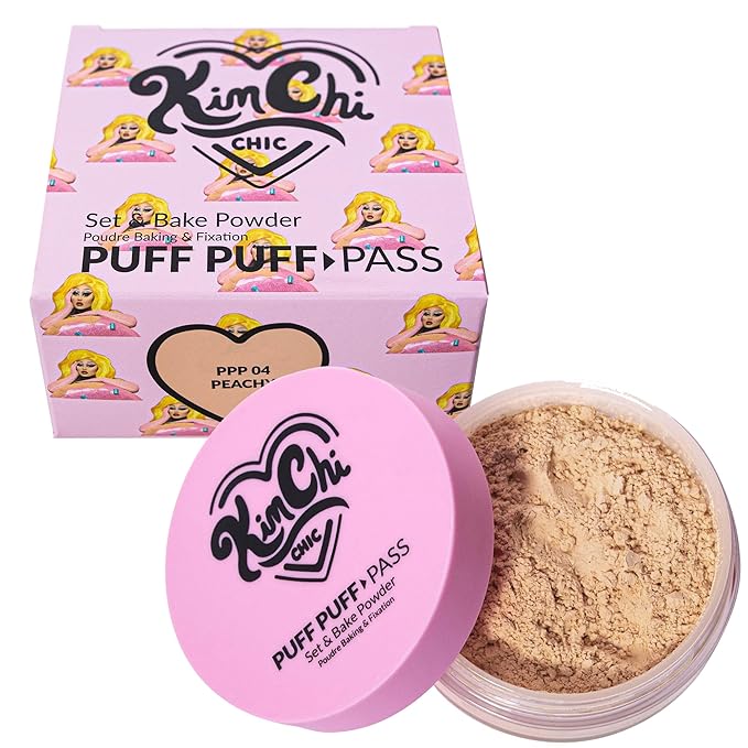 Kimchi Chic Beauty Puff Puff Pass Set and Bake Setting Powder for Makeup, Extra Fluffy Loose Face Powder Poof, Soft Natural Face Makeup for Uneven Skin Tone, 04 Peachy