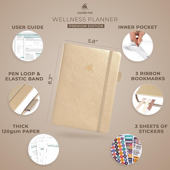 Clever Fox Wellness Planner - Weekly & Daily Health and Wellness Log, Food Journal & Meal Planner Diary for Calorie Counting, Notebook for Medical Condition Tracking, A5-Sized - Pearl