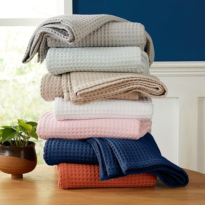 100% Cotton Waffle Weave Bed Blanket | Soft, Breathable, and Lightweight Blanket for All-Season | Perfect for Layering | Brielle Collection (Full/Queen, Navy)