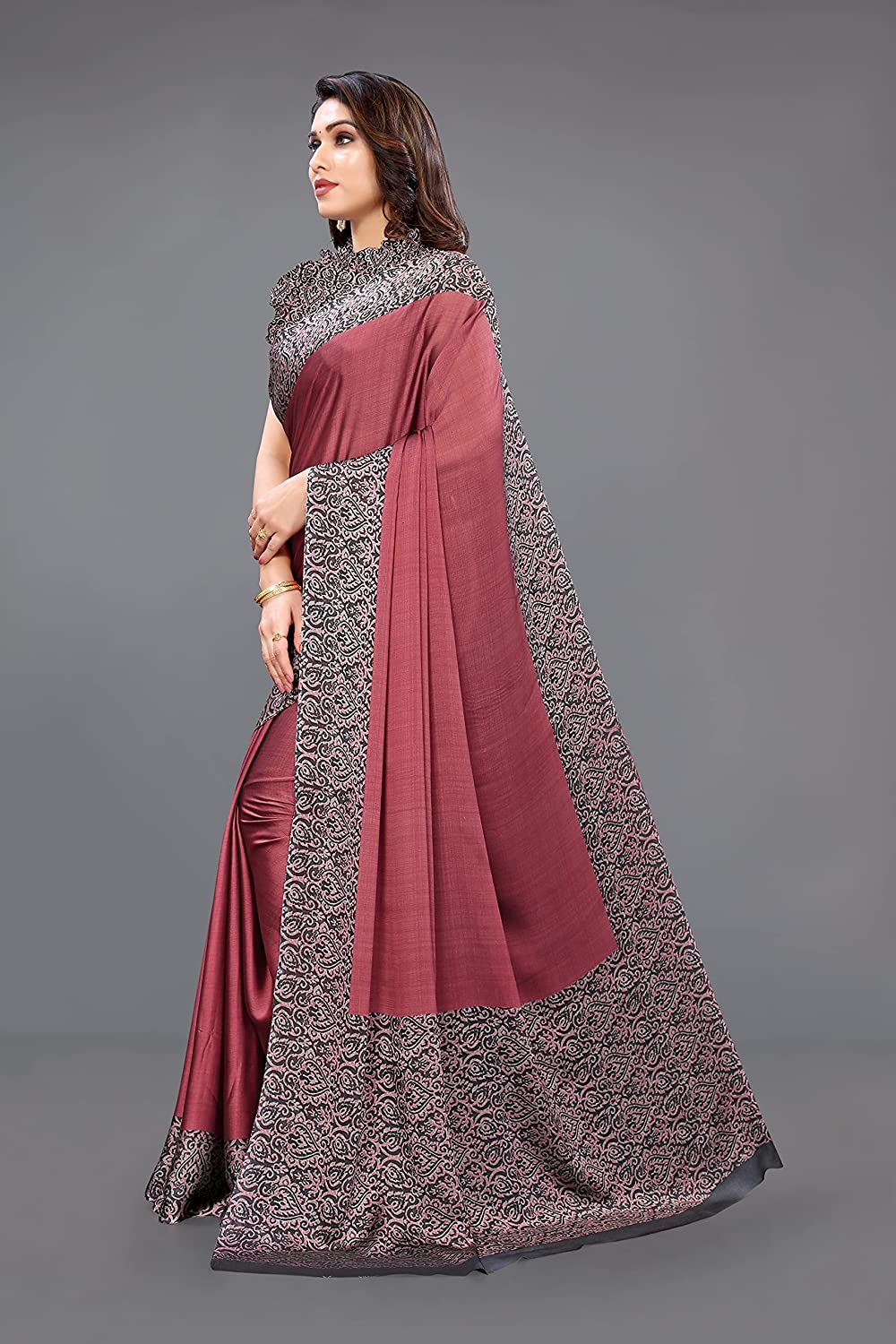 Pink & Black Printed Chiffon Saree with Kalamkari Design