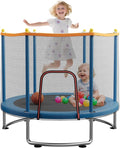 Kids trampoline with safety enclosure and adjustable gymnastics bar in a backyard setting.