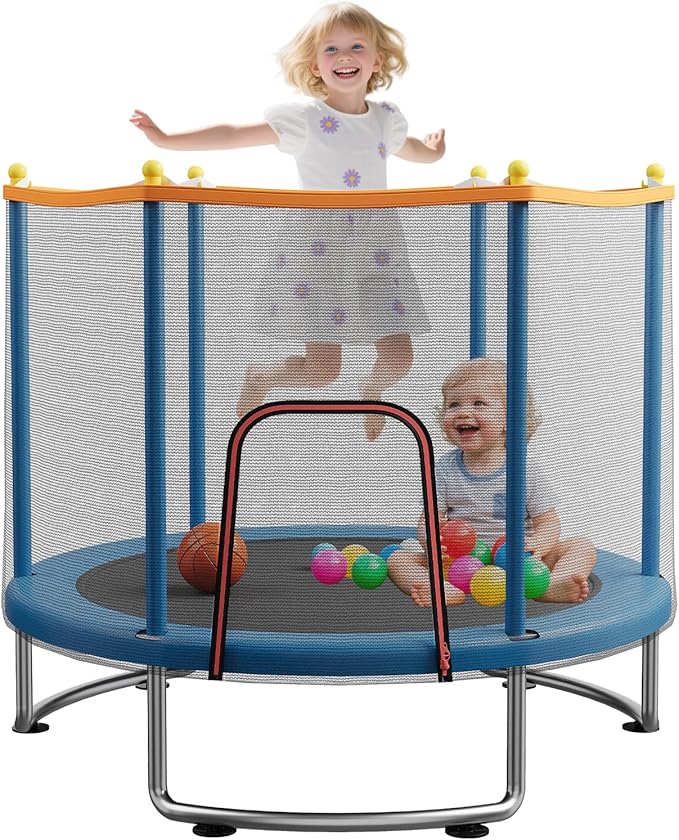 Kids trampoline with safety enclosure and adjustable gymnastics bar in a backyard setting.