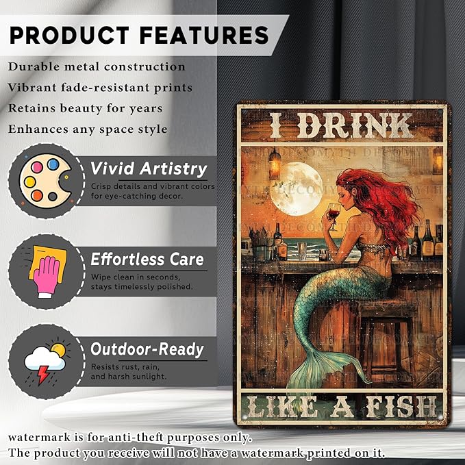 Vintage Mermaid Tin Sign I Drink Like A Fish Retro Wall Decor Decorations for Home Funny Wine Lover Nostalgic Metal Poster Indoor Store Cafe Toilet Kitchen Garden Bar Pubs Man cave 12 * 8inch