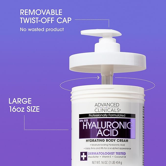 Advanced Clinicals Hyaluronic Acid Moisturizer Body Cream W/Vitamin E | Hydrating Cream & Body Lotion For Women & Men To Help Improve Look of Wrinkles, Dry Skin, Crepey Looking Skin, 16OZ, 2-Pack
