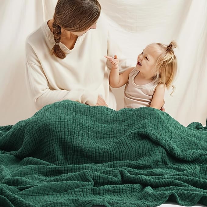 Carriediosa 100% Cotton Muslin Throw Blanket 90" X 90" Queen Size，4-Layers Summer Gauze Throws for Bed Couch，Soft Lightweight Breathable Linen Blankets Bedspread for Adults All Season，Dark Green