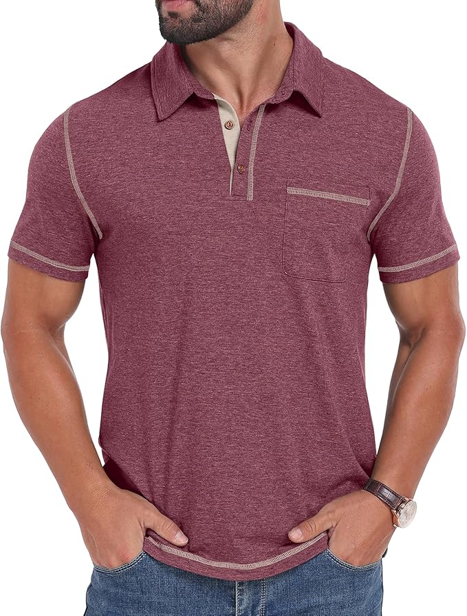 Men's Short Sleeve Polo Shirt with Pocket Casual Golf Collar