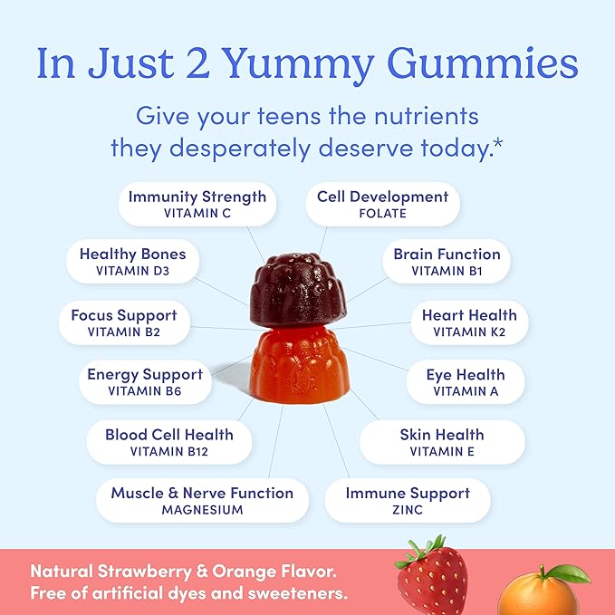 FIRST DAY Vitamins for Teens - Teen Multi Vitamins for Girls & Boys 12-17, Organic Fruit & Veggie Blend - 12 Key Nutrients: Vitamins A, B1, B2, B6, B9, B12, C, D3, E, K2-60 Day Supply