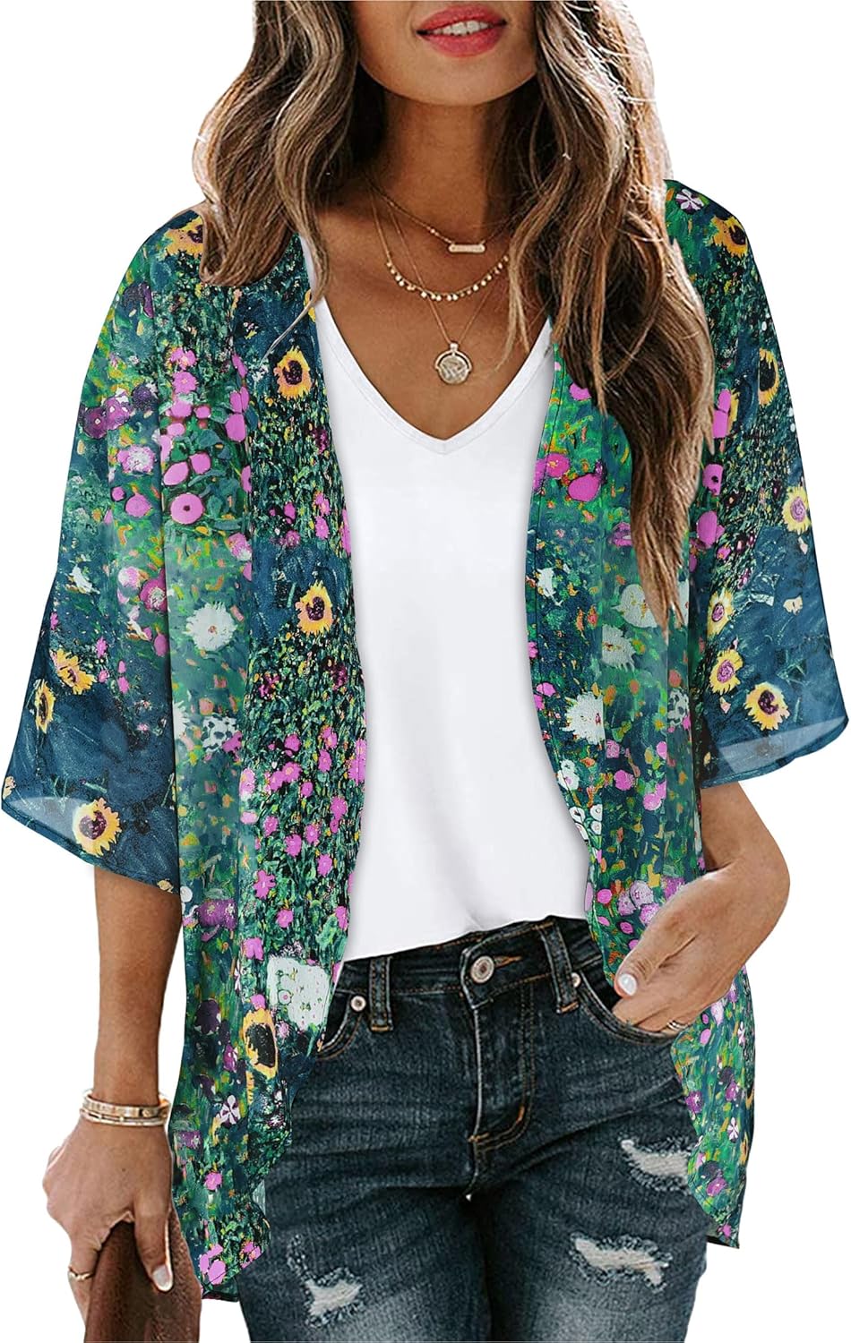 Floral Print Kimono Cardigan Women Puff Sleeve Cover Up Casual Blouse Loose Top