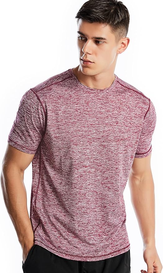 Men wearing a quick-dry moisture-wicking athletic short sleeve gym t-shirt in a relaxed fit.