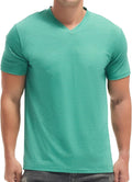 Close up of a men's premium V-neck t-shirt showing the fitted fabric texture and neckline detail.
