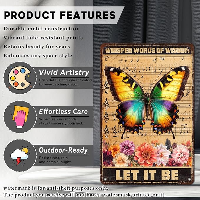 Vintage Garden Tin Sign Whisper Words Of Wisdom Let It Be Retro Butterfly Metal Poster Funny Wall Art Cafe Office Wall Decor for Kitchen Home Bar Pub Club 12 * 8inch