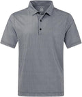 A man wearing a black and white geometric print short-sleeve golf polo shirt with a collared 3-button placket.