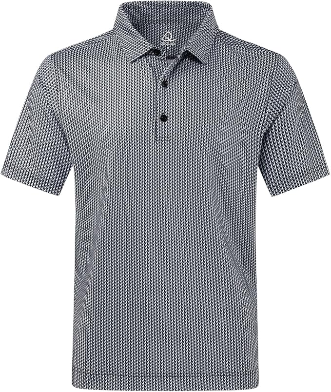 A man wearing a black and white geometric print short-sleeve golf polo shirt with a collared 3-button placket.