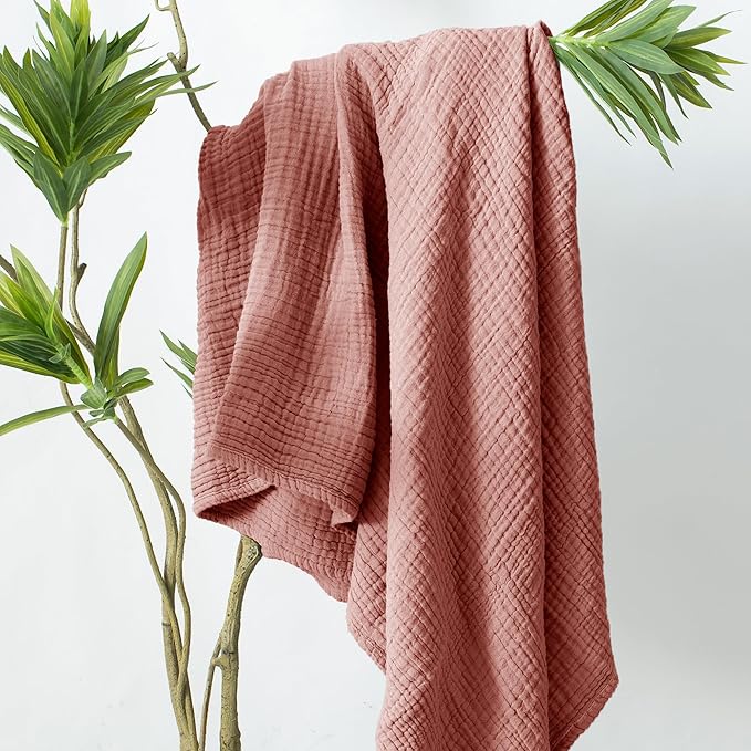 Carriediosa 100% Cotton Muslin Throw Blanket 108" X 90" King Size，4-Layers Summer Gauze Throws for Bed Couch，Soft Lightweight Breathable Linen Blankets Bedspread for Adults All Season，Mauve