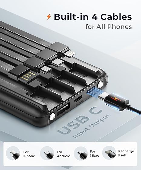 Portable Charger Power Bank - Slim Battery Pack USB C 10000mAh Built in Cable 22.5W Phone Fast Charging