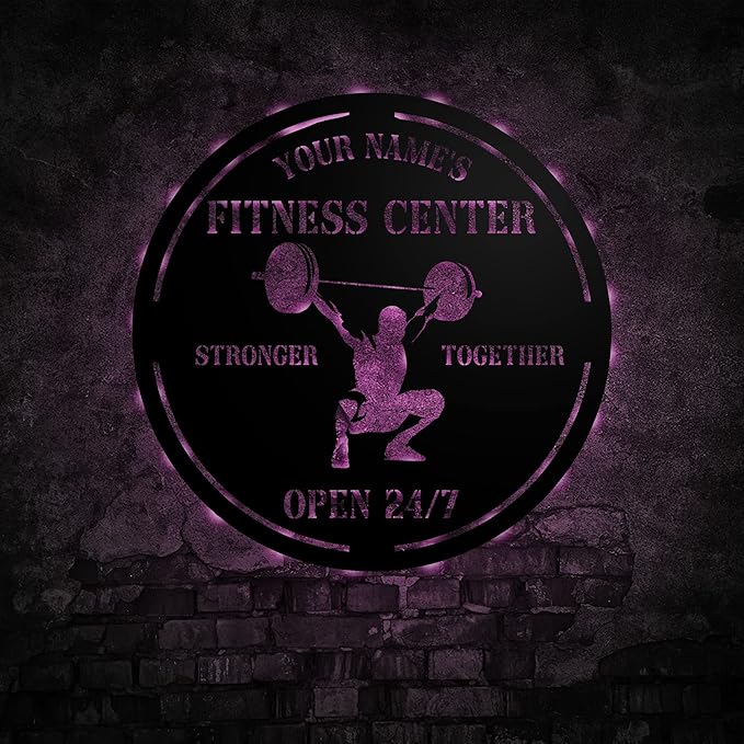 Personalized Home Gym LED Tin Metal Sign Multiple Sizes, Gym Sign Wall Decor, Exercise Workout Room Decor Fitness Center, Motivational Inspirational Hanging Wall Art Wall Plaque (04 w/lights)