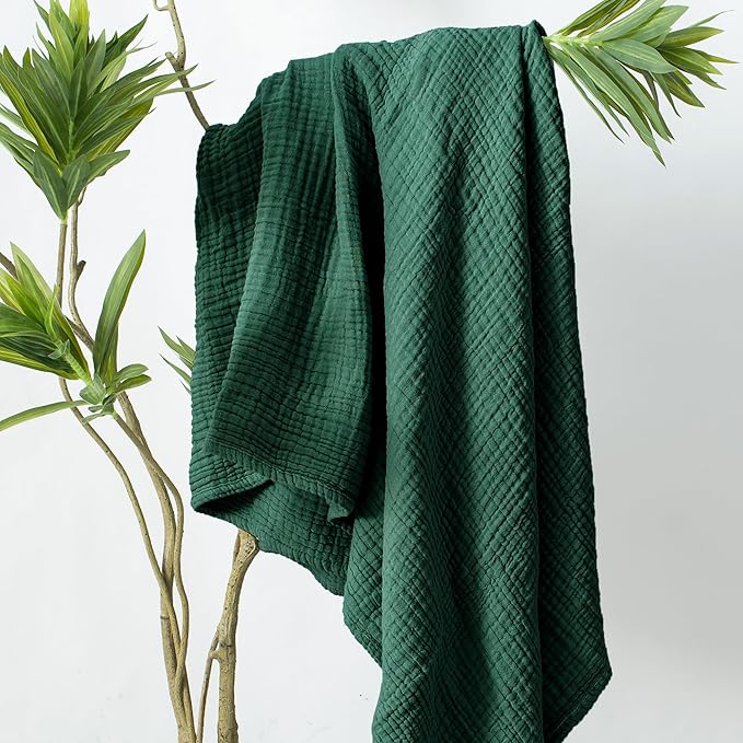Carriediosa 100% Cotton Muslin Throw Blanket 90" X 90" Queen Size，4-Layers Summer Gauze Throws for Bed Couch，Soft Lightweight Breathable Linen Blankets Bedspread for Adults All Season，Dark Green