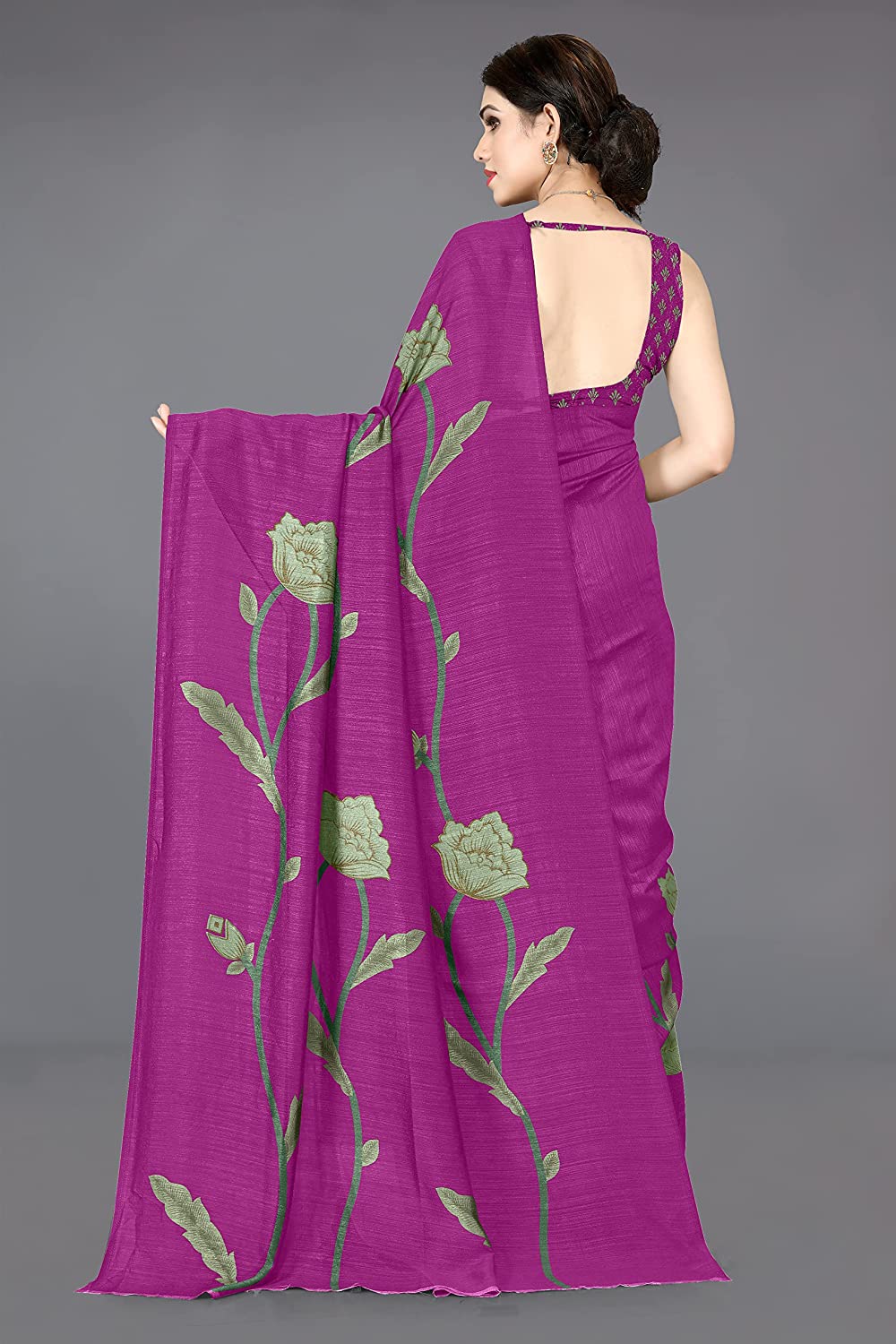 Women's Pink Vichitra Silk Floral Printed Saree with Matching Blouse