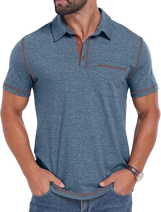 Men's Short Sleeve Polo Shirt with Pocket Casual Golf Collar