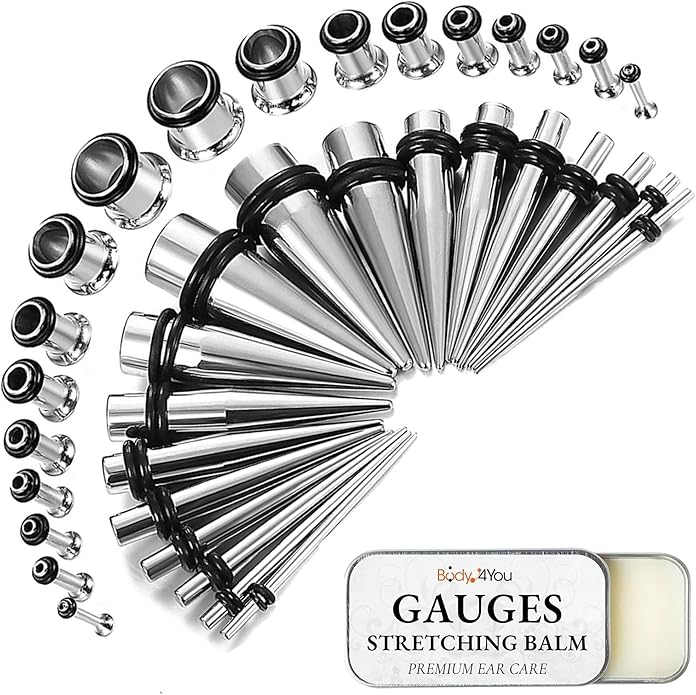 BodyJ4You 37PC Ear Stretching Kit - Beginner Gauges 14G-00G Starter Set - Aftercare Balm Wax - Steel Tapers Single Flare Plugs Screw Fit Tunnels - Women Eyelet Mens Earrings Expander Piercing Jewelry