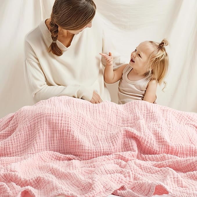 Carriediosa 100% Cotton Muslin Throw Blanket 108" X 90" King Size，4-Layers Summer Gauze Throws for Bed Couch，Soft Lightweight Breathable Linen Blankets Bedspread for Adults All Season，Dusty Pink
