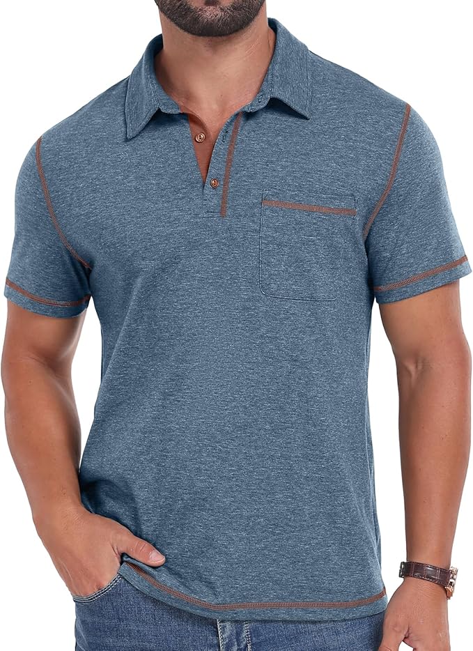 Close up of men's textured cotton short sleeve polo shirt with pocket and faux wood buttons