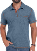Close up of men's textured cotton short sleeve polo shirt with pocket and faux wood buttons