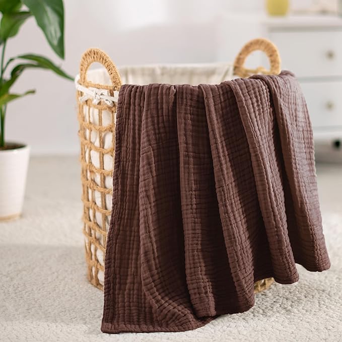 Carriediosa 100% Cotton Muslin Throw Blanket 90" X 90" Queen Size，4-Layers Summer Gauze Throws for Bed Couch，Soft Lightweight Breathable Linen Blankets Bedspread for Adults All Season，Dark Brown