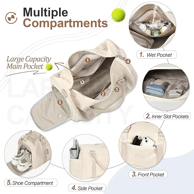 FIORETTO Womens Gym Tote Duffle Bag with Wet Pocket & Shoe Compartment, Sports Duffel Overnight Weekender Hospital Workout Carry on Bag for Girls, Ideal for Travel, Swimming, Dance, Ballet Beige