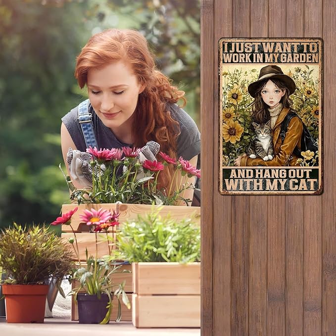 Cat Garden Vintage Tin Sign I Just Want To Work In My Garden and Hang Out With My Cat Retro Metal Tin Sign Sunflower Decor for Home Fence Porch Room Wall Decor Poster 12 * 8inch