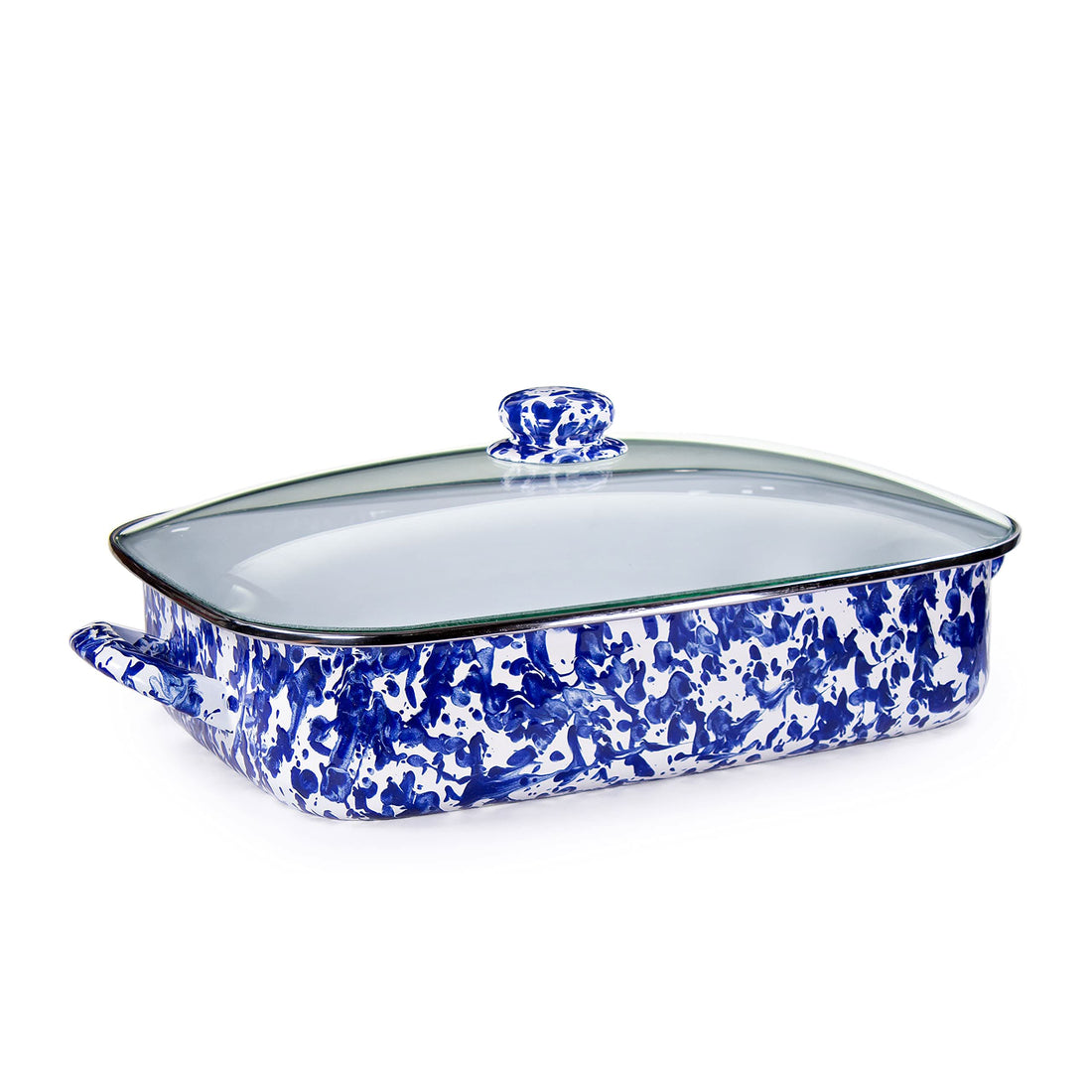 10.5qt Enamelware Roasting Pan with Tempered Glass Lid, Black Swirl
