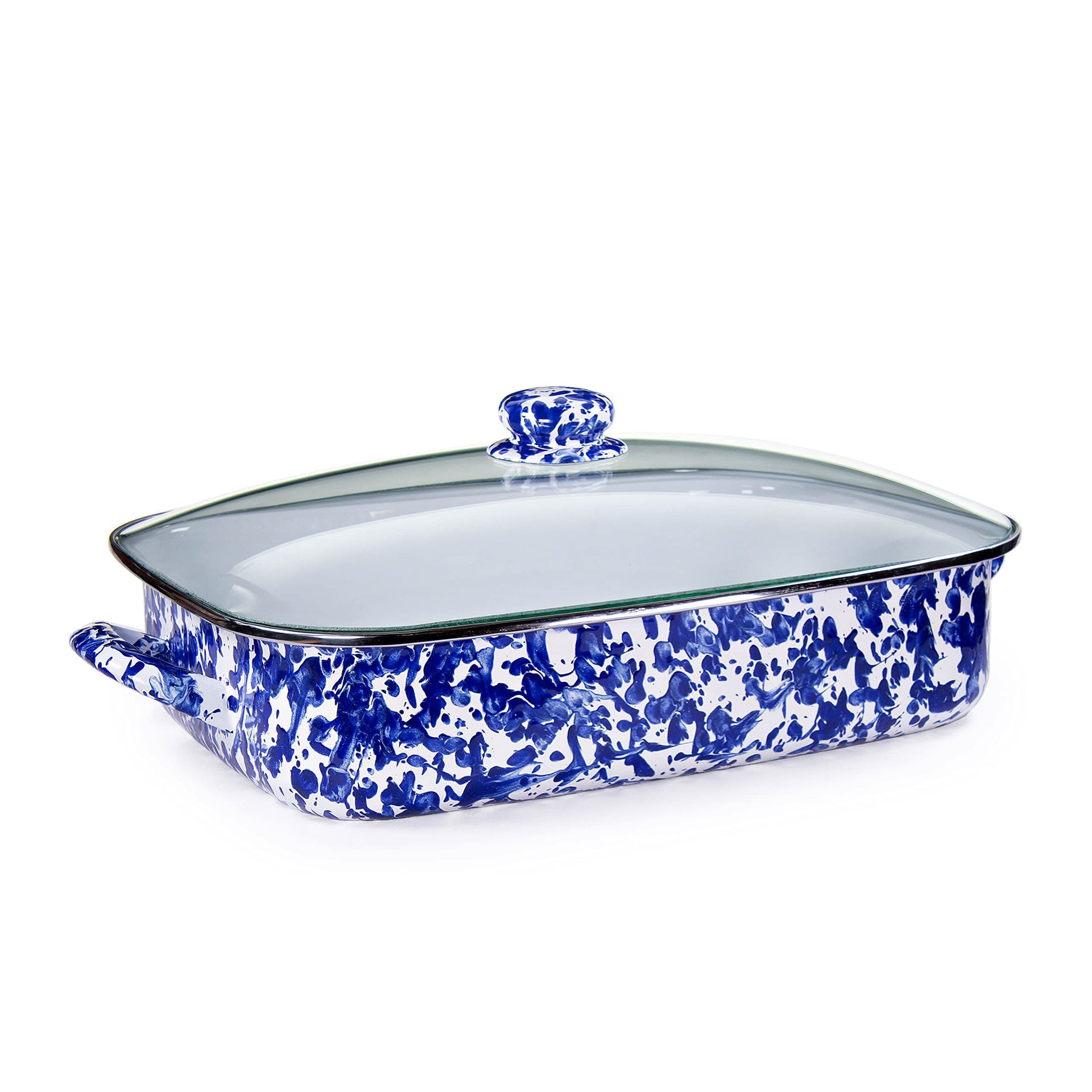 10.5qt Enamelware Roasting Pan with Tempered Glass Lid, Black Swirl