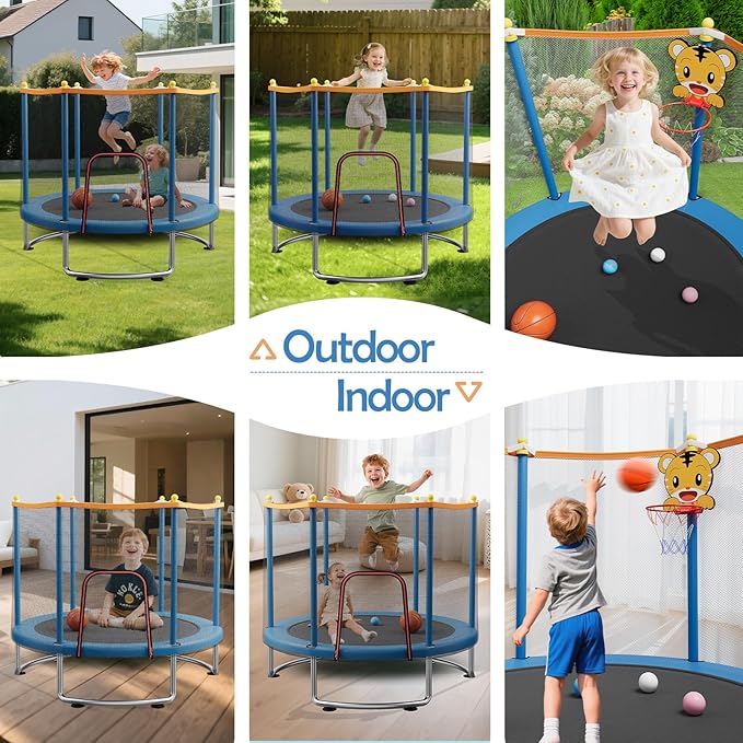 Kids Indoor Outdoor Trampoline with Safety Net and Gymnastics Bar