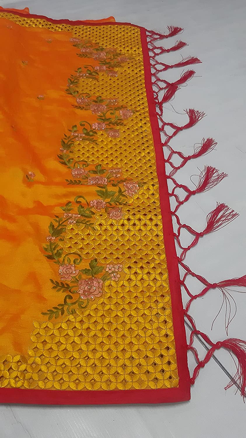 Orange and Pink Satin Silk Blend Ready to Wear Saree