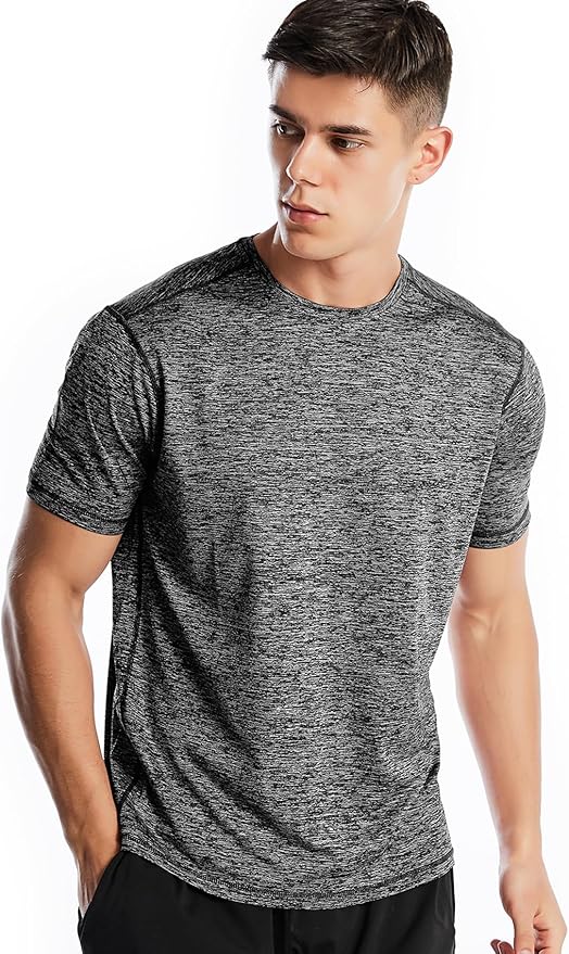 Men wearing a quick-dry moisture-wicking athletic short sleeve gym t-shirt in a relaxed fit.